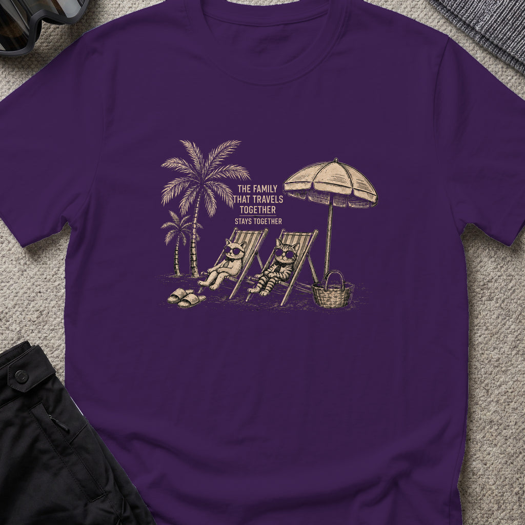 Cat Family that Travels Together T-Shirt in Purple, front view.
