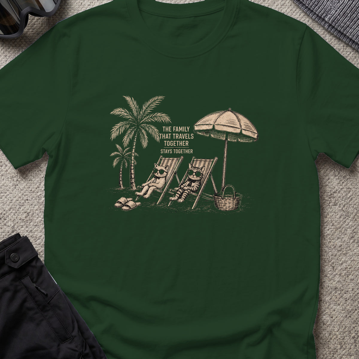 Cat Family that Travels Together T-Shirt in Forest Green, front view.