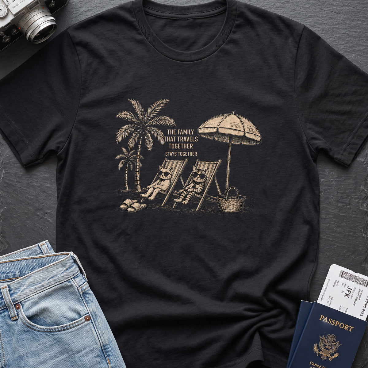Cat Family that Travels Together T-Shirt in Black, front view.