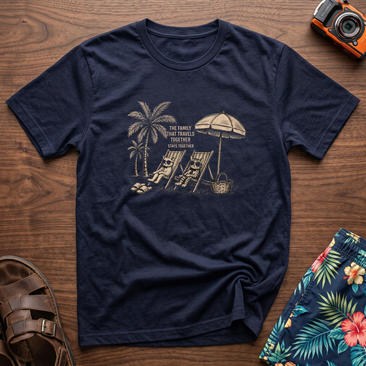 Cat Family that Travels Together T-Shirt in Navy, front view.