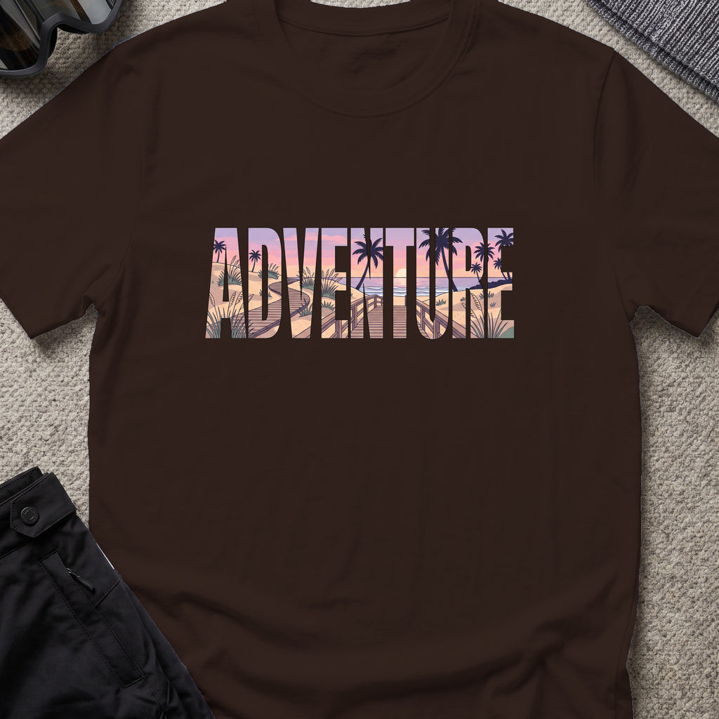 Adventure Boardwalk T-Shirt in Dark Chocolate, front view.
