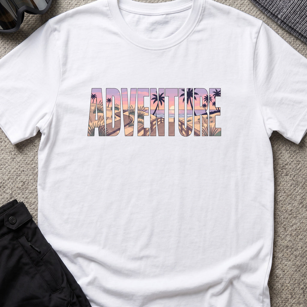 Adventure Boardwalk T-Shirt in White, front view.