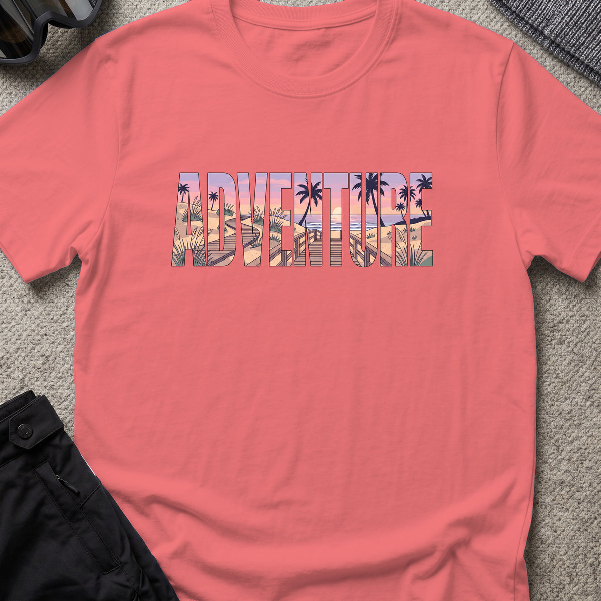 Adventure Boardwalk T-Shirt in Coral Silk, front view.