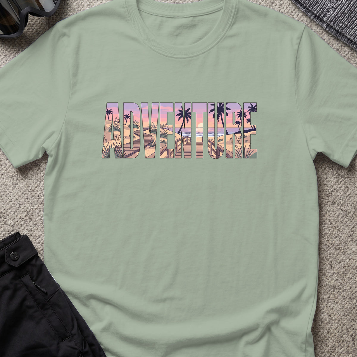 Adventure Boardwalk T-Shirt in Sage, front view.
