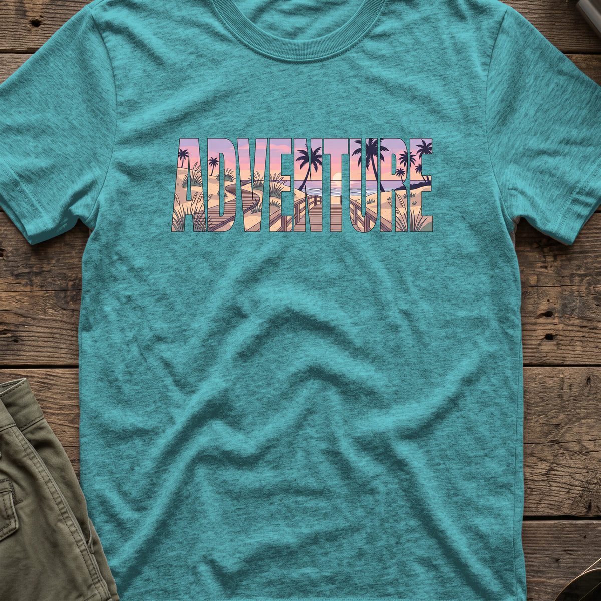 Adventure Boardwalk T-Shirt in Heather Galapagos Blue, front view.