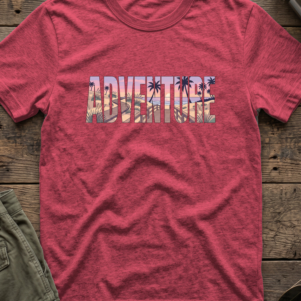 Adventure Boardwalk T-Shirt in Heather Cardinal, front view.
