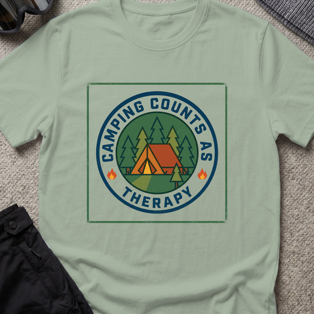 Camping counts as therapy T-Shirt in Sage, front view.