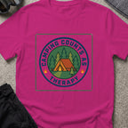 Camping counts as therapy T-Shirt in Antique Heliconia, front view.