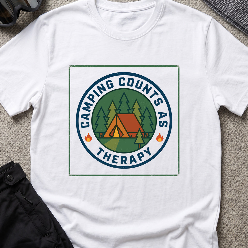 Camping counts as therapy T-Shirt in White, front view.