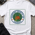 Camping counts as therapy T-Shirt in White, front view.