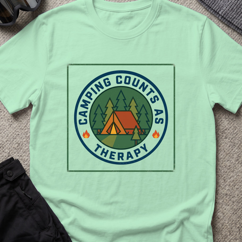 Camping counts as therapy T-Shirt in Mint Green, front view.