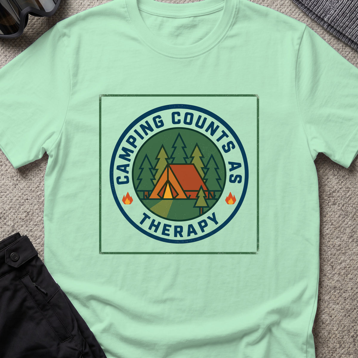 Camping counts as therapy T-Shirt in Mint Green, front view.
