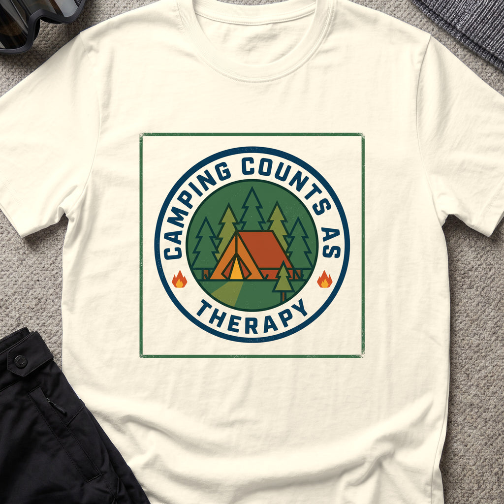 Camping counts as therapy T-Shirt in Natural, front view.