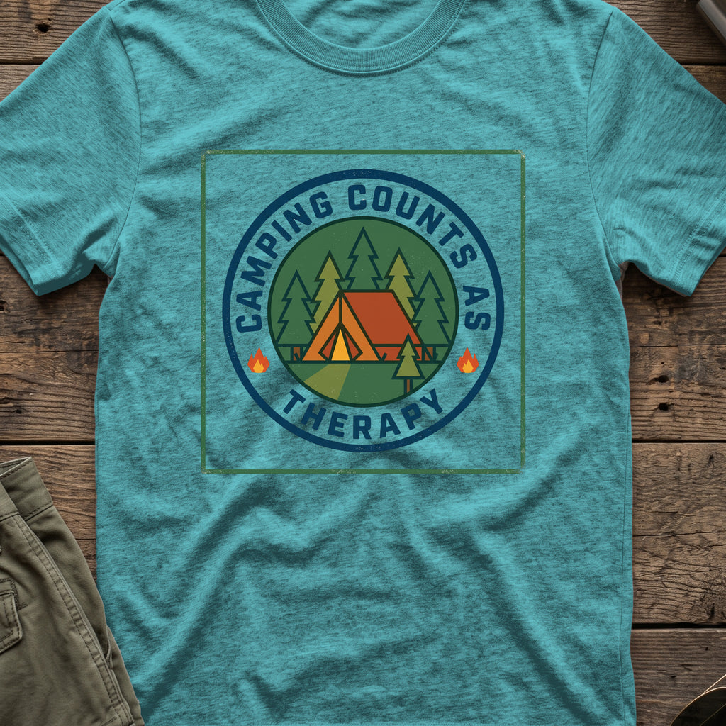 Camping counts as therapy T-Shirt in Heather Galapagos Blue, front view.
