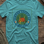 Camping counts as therapy T-Shirt in Heather Galapagos Blue, front view.