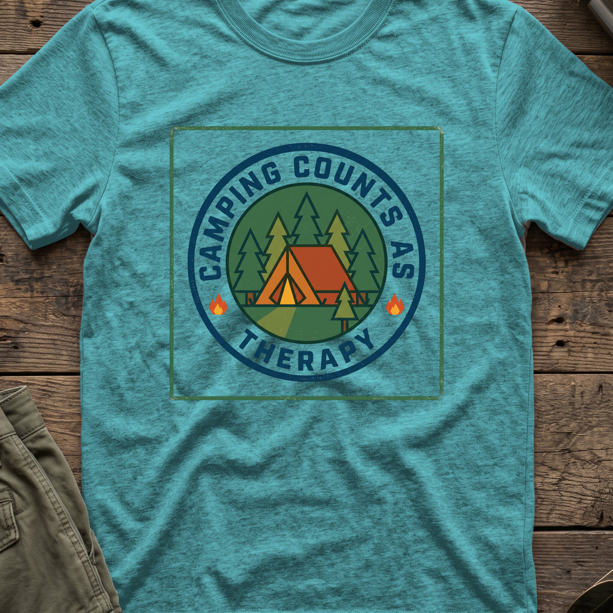 Camping counts as therapy T-Shirt in Heather Galapagos Blue, front view.