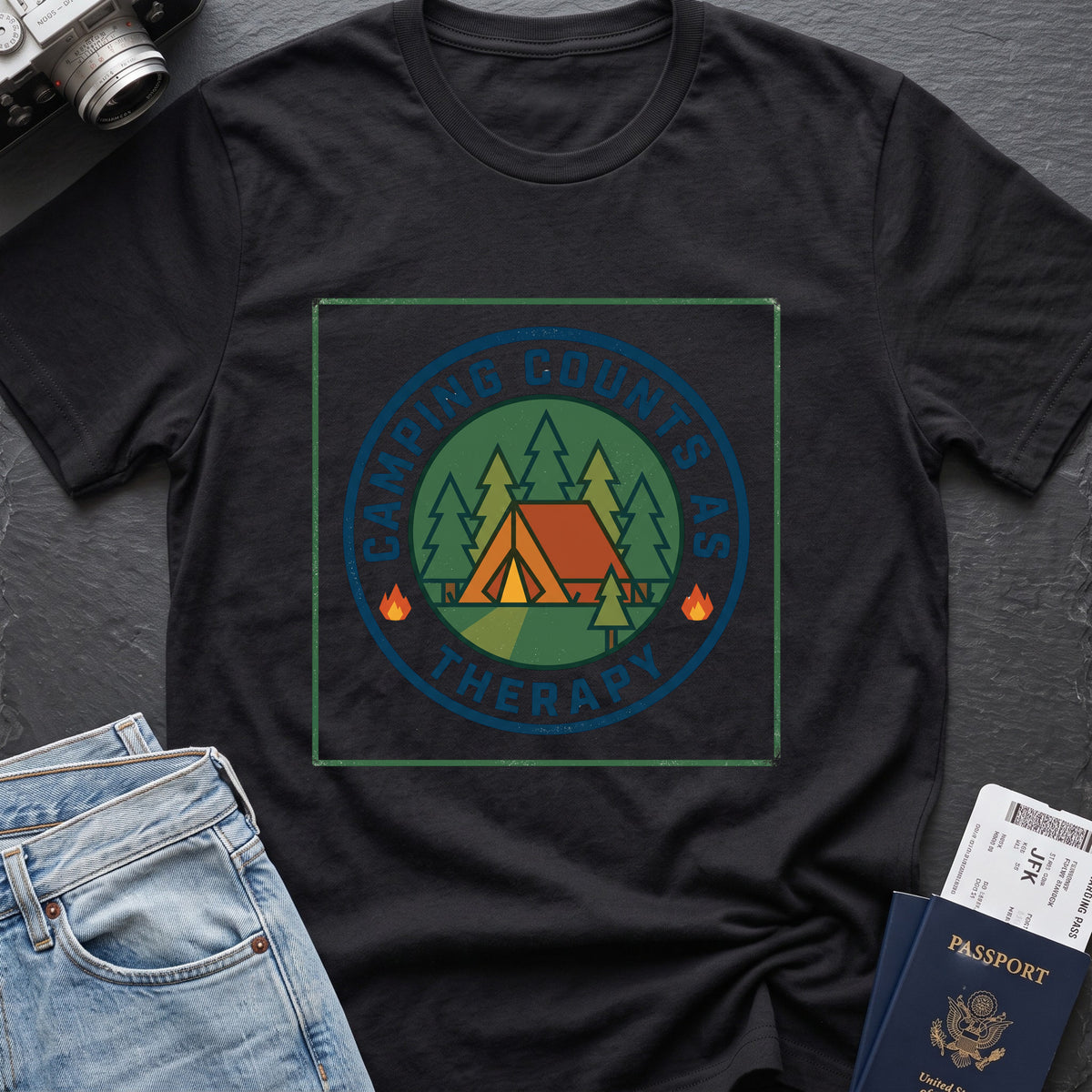 Camping counts as therapy T-Shirt in Black, front view.