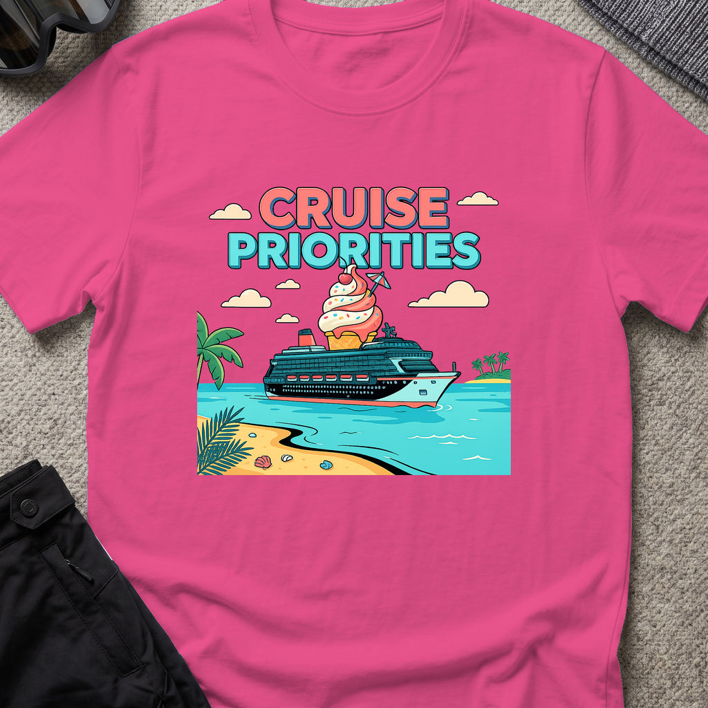 Cruise Priorities T-Shirt in Heliconia, front view.
