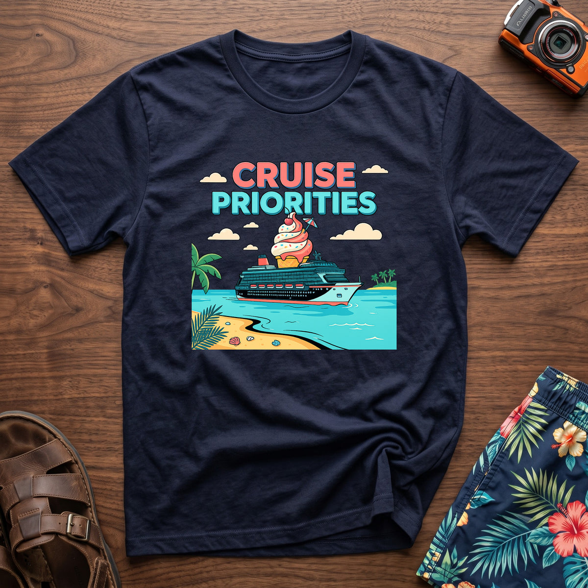 Cruise Priorities T-Shirt in Navy, front view.