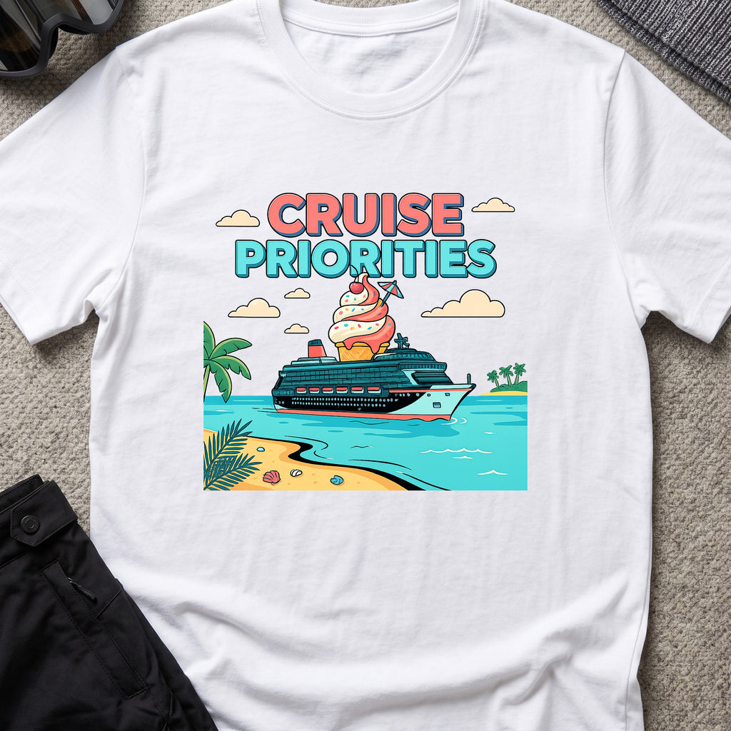 Cruise Priorities T-Shirt in White, front view.