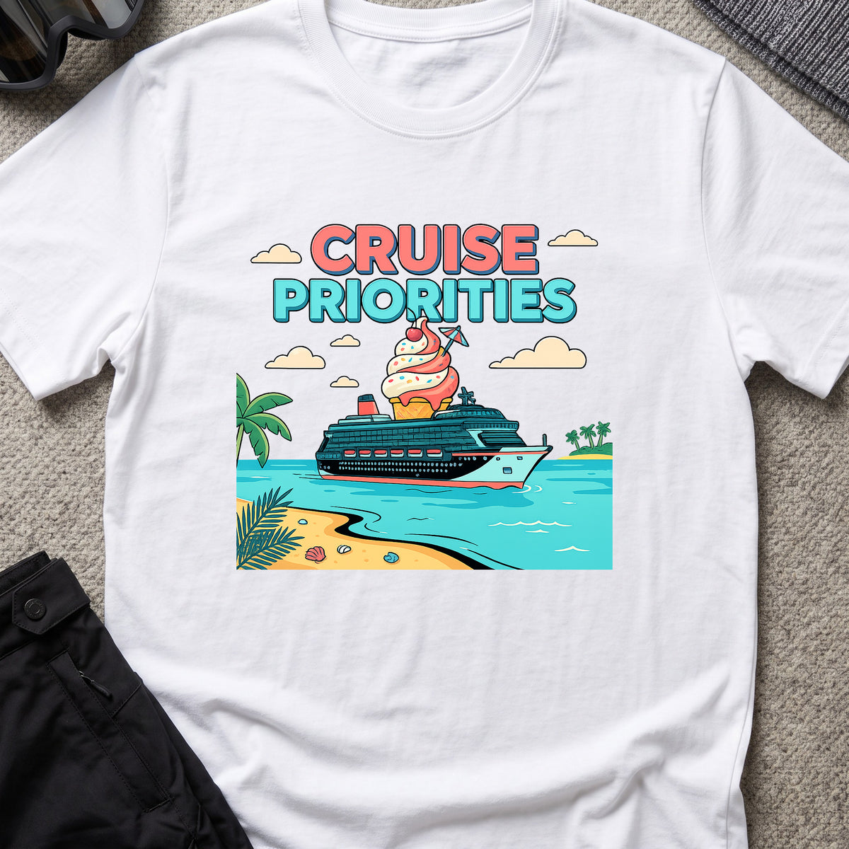 Cruise Priorities T-Shirt in White, front view.
