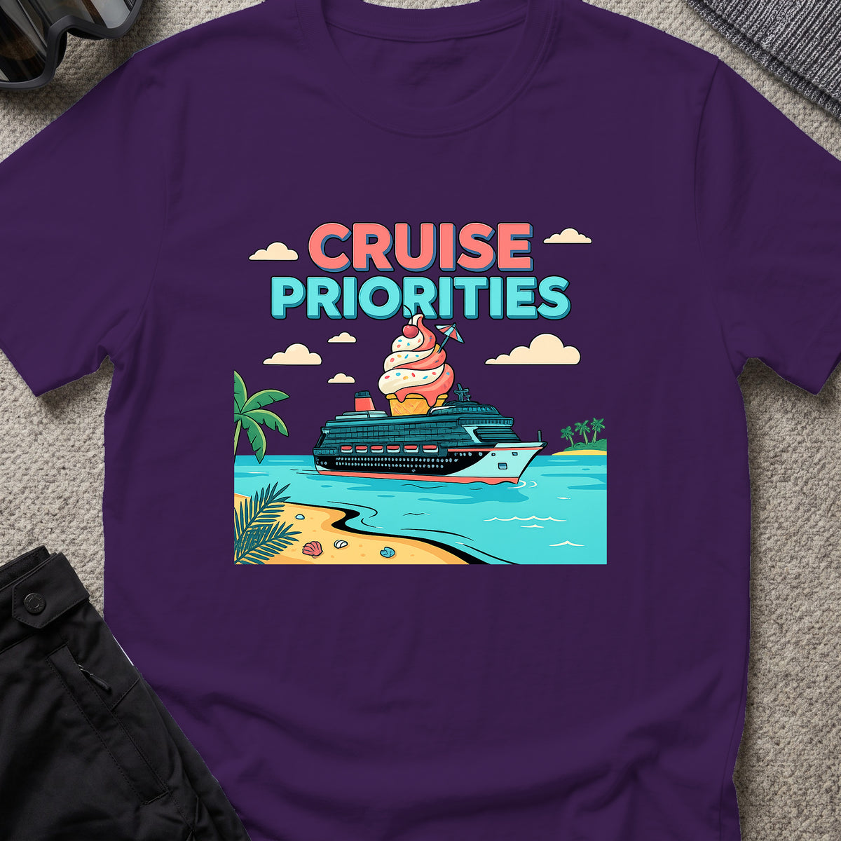 Cruise Priorities T-Shirt in Purple, front view.