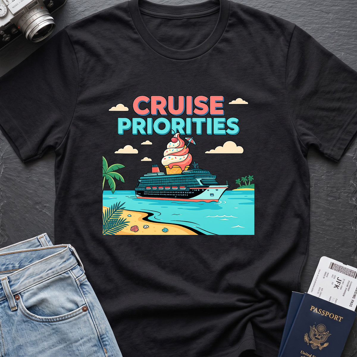 Cruise Priorities T-Shirt in Black, front view.