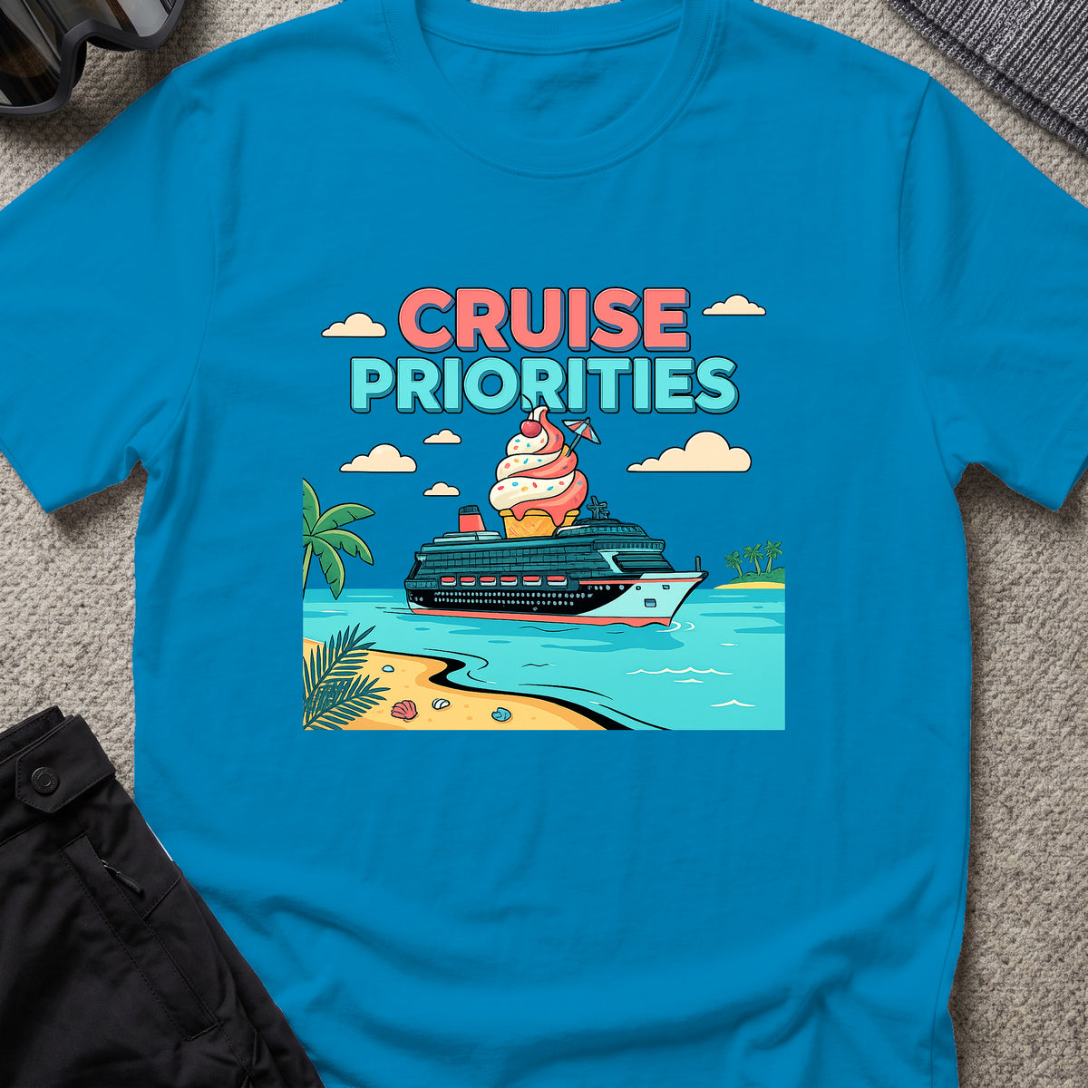 Cruise Priorities T-Shirt in Sapphire, front view.
