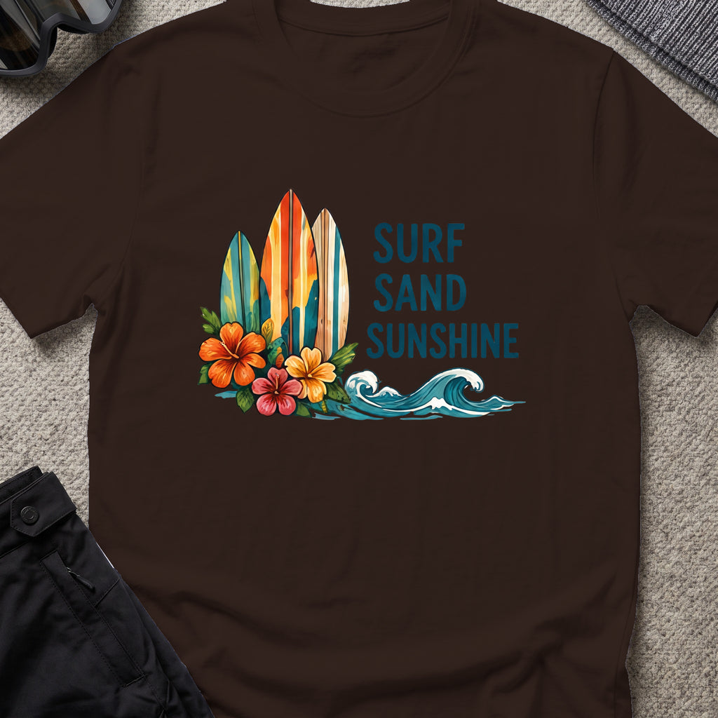 Surf, Sand and Sunshine T-Shirt in Dark Chocolate, front view.
