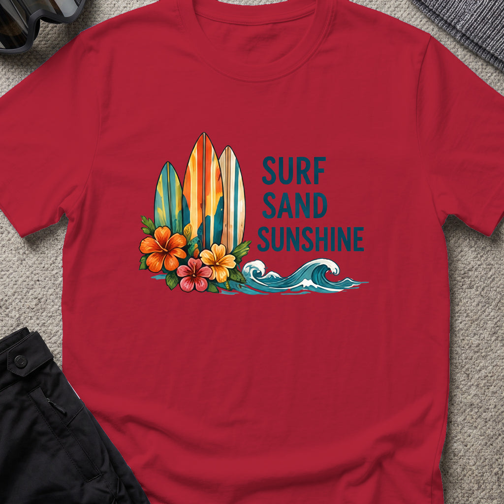Surf, Sand and Sunshine T-Shirt in Antique Cherry Red, front view.