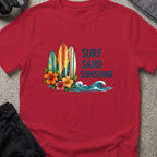 Surf, Sand and Sunshine T-Shirt in Antique Cherry Red, front view.