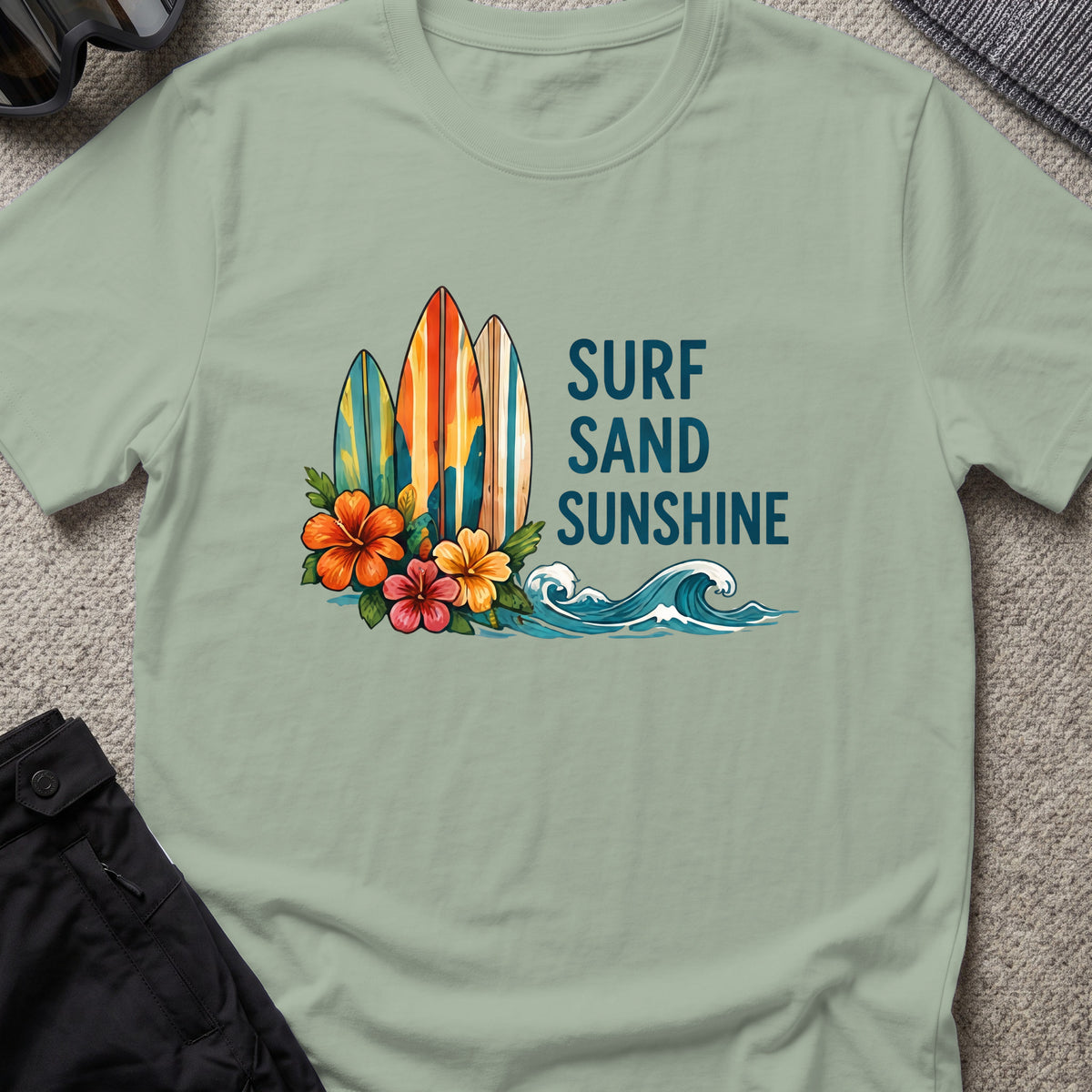 Surf, Sand and Sunshine T-Shirt in Sage, front view.