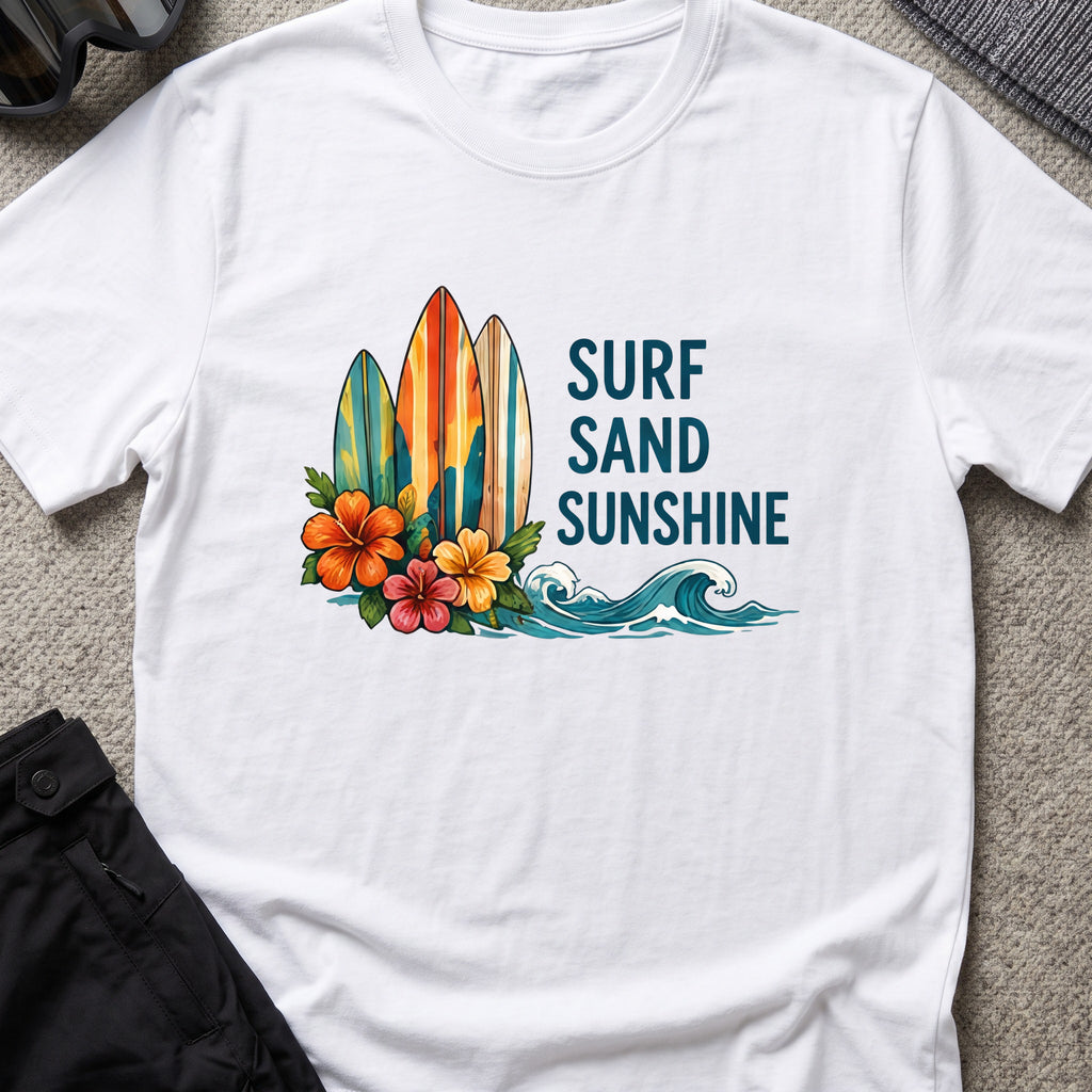 Surf, Sand and Sunshine T-Shirt in White, front view.