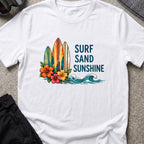 Surf, Sand and Sunshine T-Shirt in White, front view.