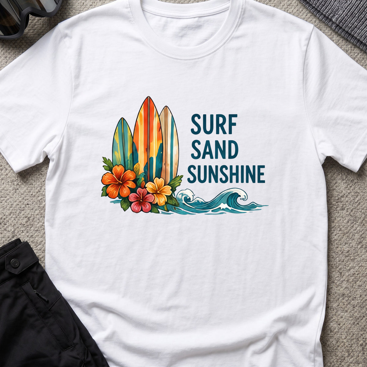 Surf, Sand and Sunshine T-Shirt in White, front view.