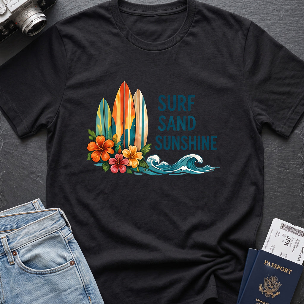 Surf, Sand and Sunshine T-Shirt in Black, front view.
