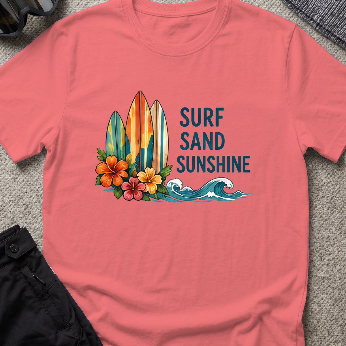 Surf, Sand and Sunshine T-Shirt in Coral Silk, front view.