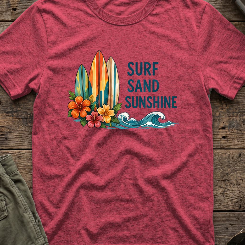Surf, Sand and Sunshine T-Shirt in Heather Cardinal, front view.