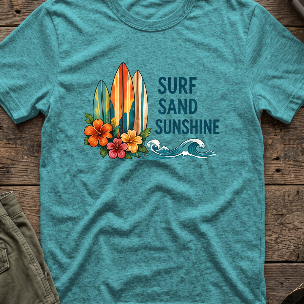 Surf, Sand and Sunshine T-Shirt in Heather Galapagos Blue, front view.