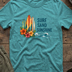 Surf, Sand and Sunshine T-Shirt in Heather Galapagos Blue, front view.