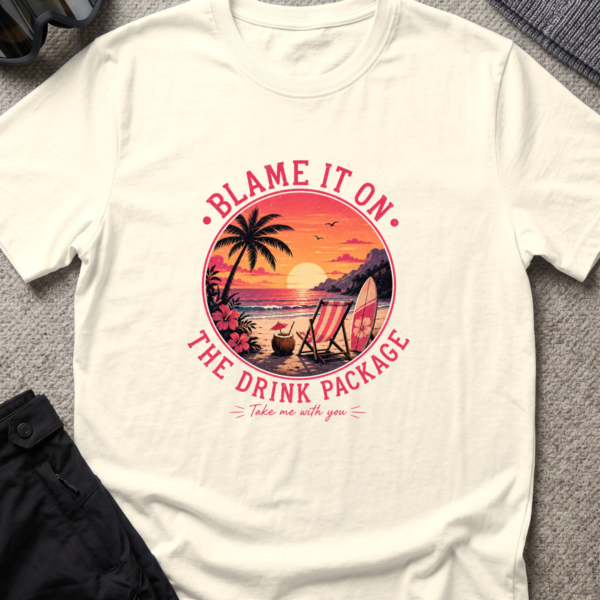 Blame It On The Drink Package — Sunset Cove T-Shirt in Natural, front view.
