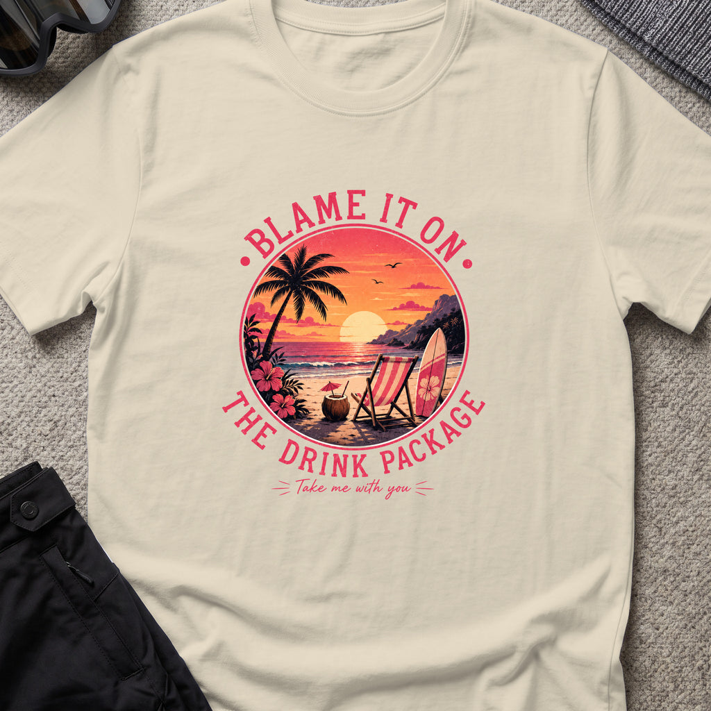 Blame It On The Drink Package — Sunset Cove T-Shirt in Sand, front view.