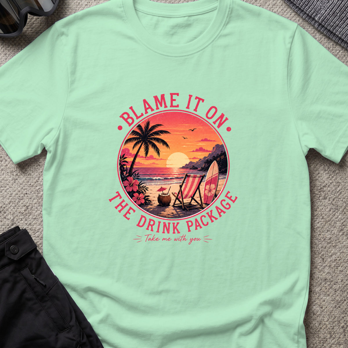 Blame It On The Drink Package — Sunset Cove T-Shirt in Mint Green, front view.