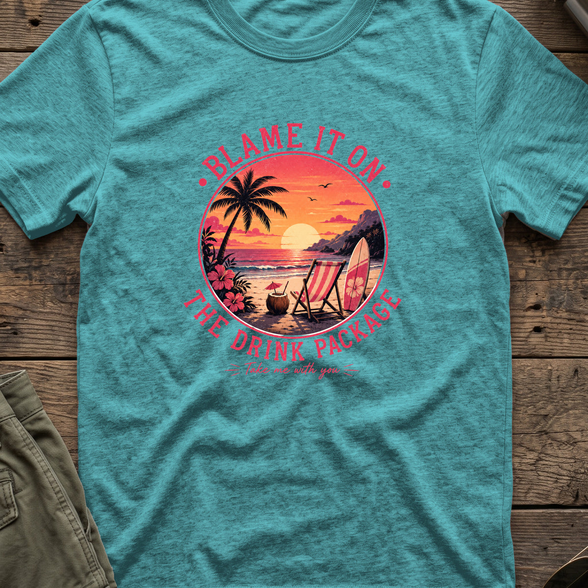 Blame It On The Drink Package — Sunset Cove T-Shirt in Heather Galapagos Blue, front view.