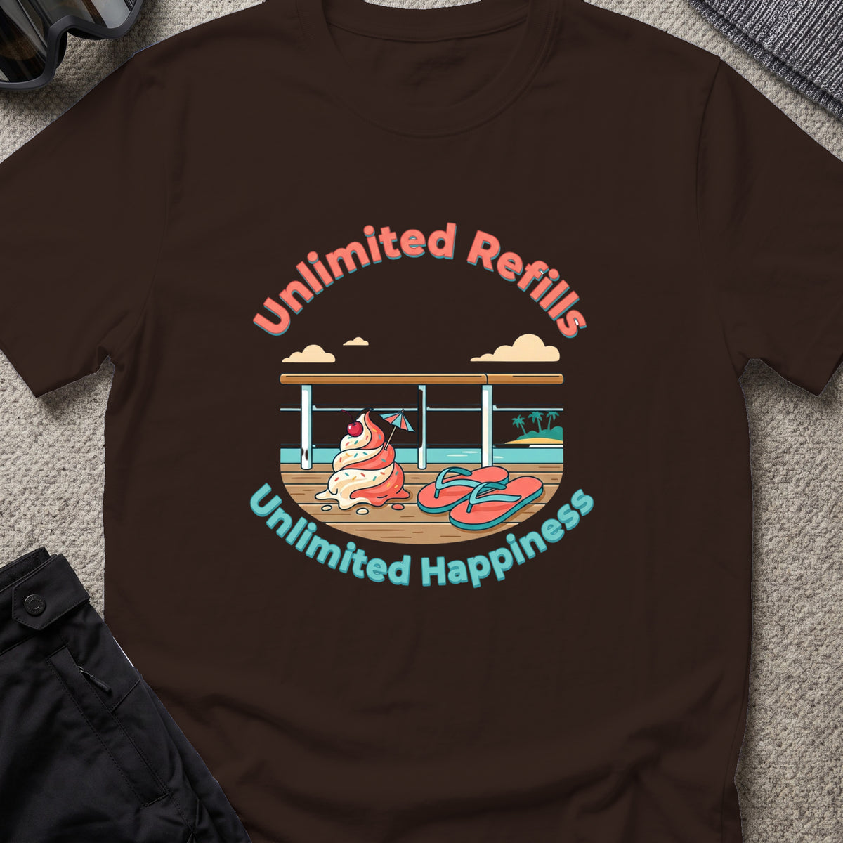 Unlimited Happiness T-Shirt in Dark Chocolate, front view.