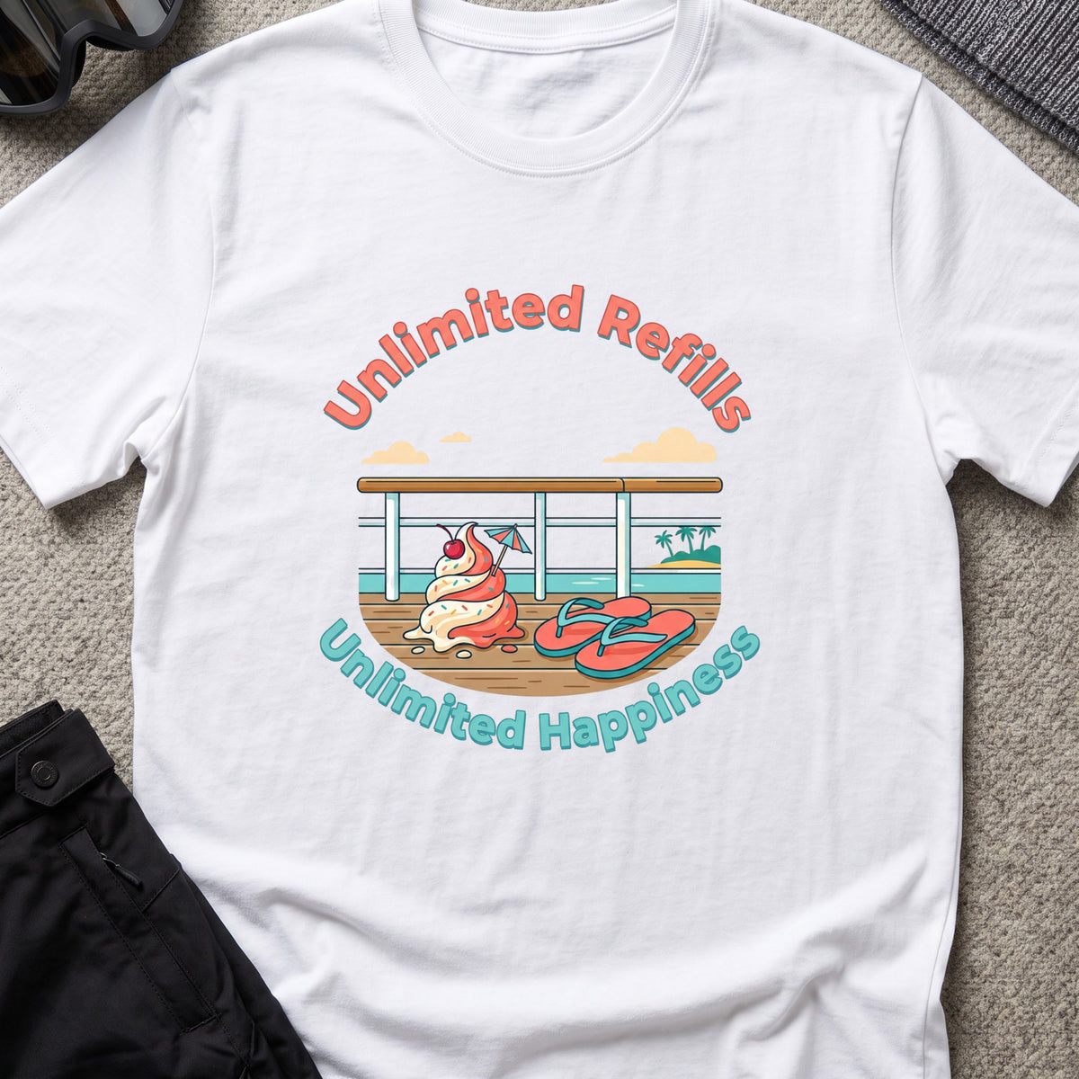 Unlimited Happiness T-Shirt in White, front view.