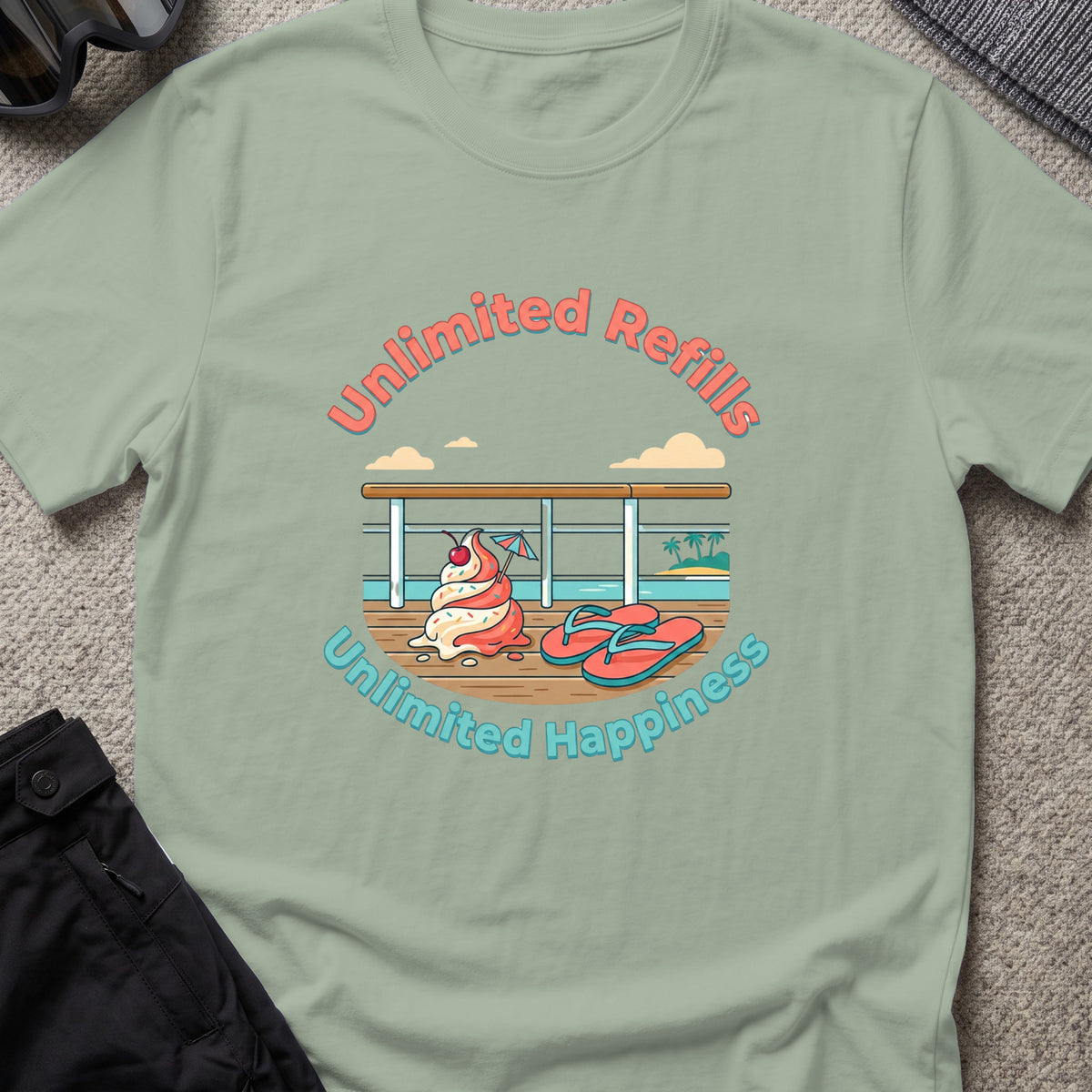Unlimited Happiness T-Shirt in Sage, front view.