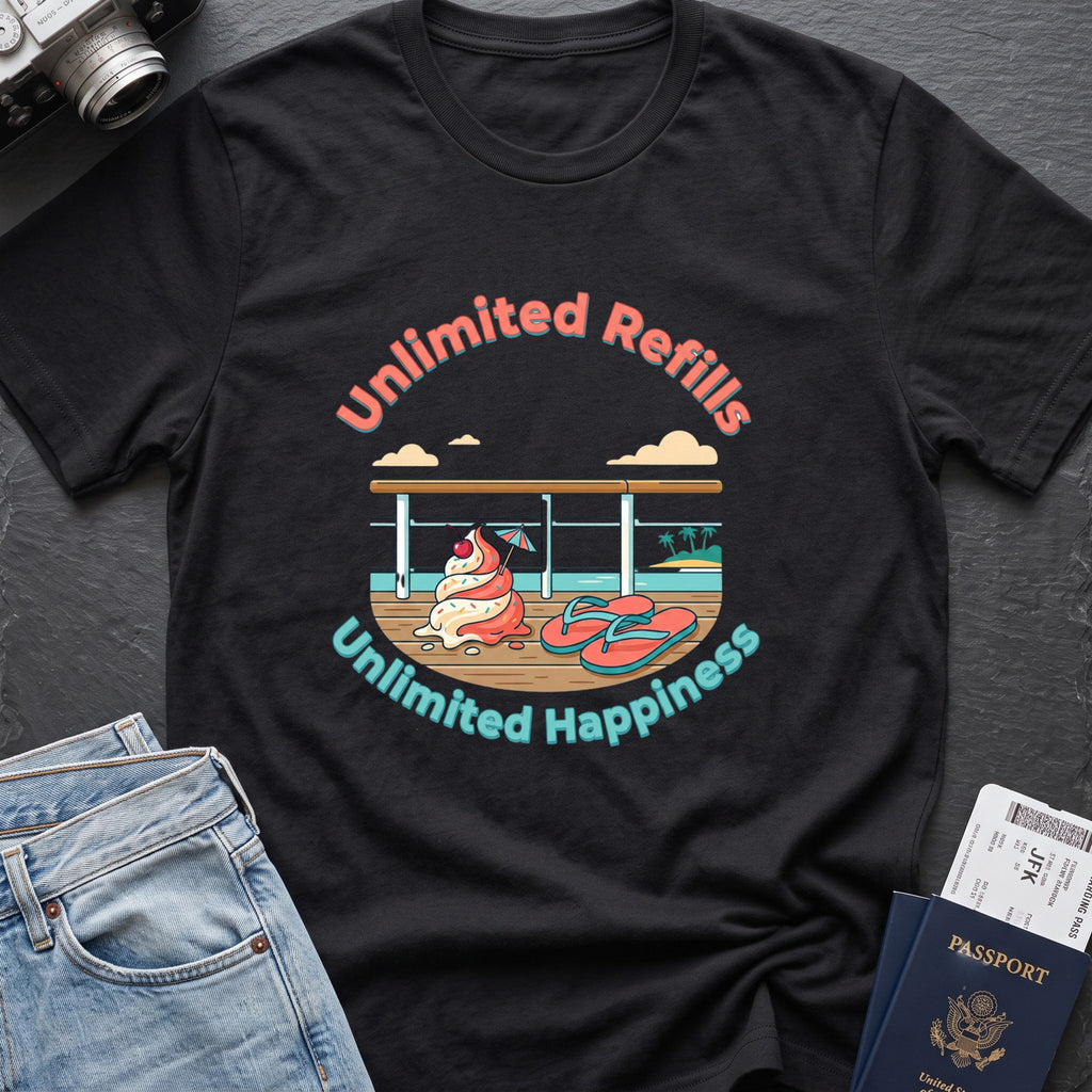 Unlimited Happiness T-Shirt in Black, front view.