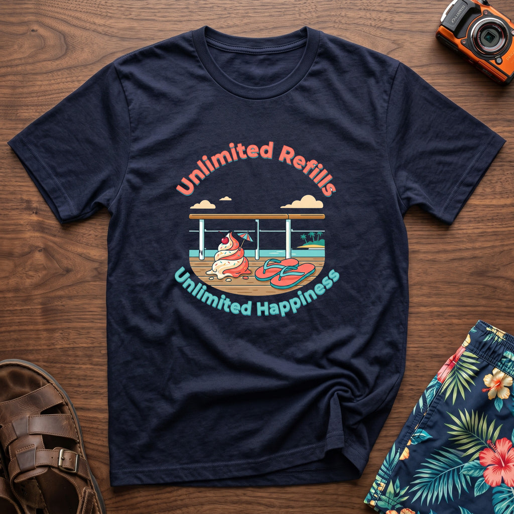 Unlimited Happiness T-Shirt in Navy, front view.