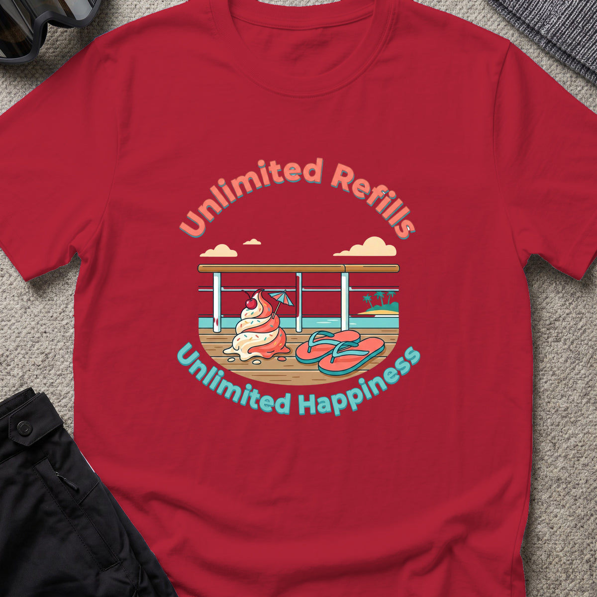 Unlimited Happiness T-Shirt in Antique Cherry Red, front view.